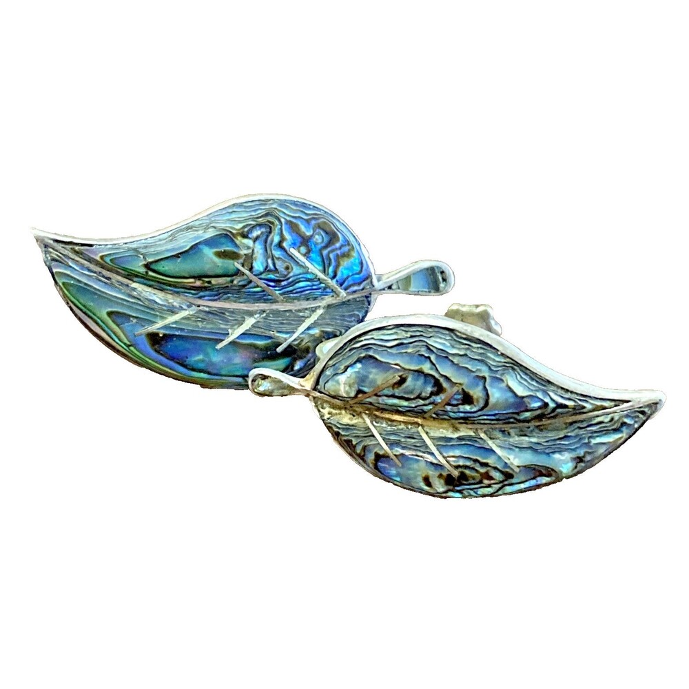 925 Sterling Silver Vintage Mexico Real Abalone Shell Leaf Screw Back Earrings